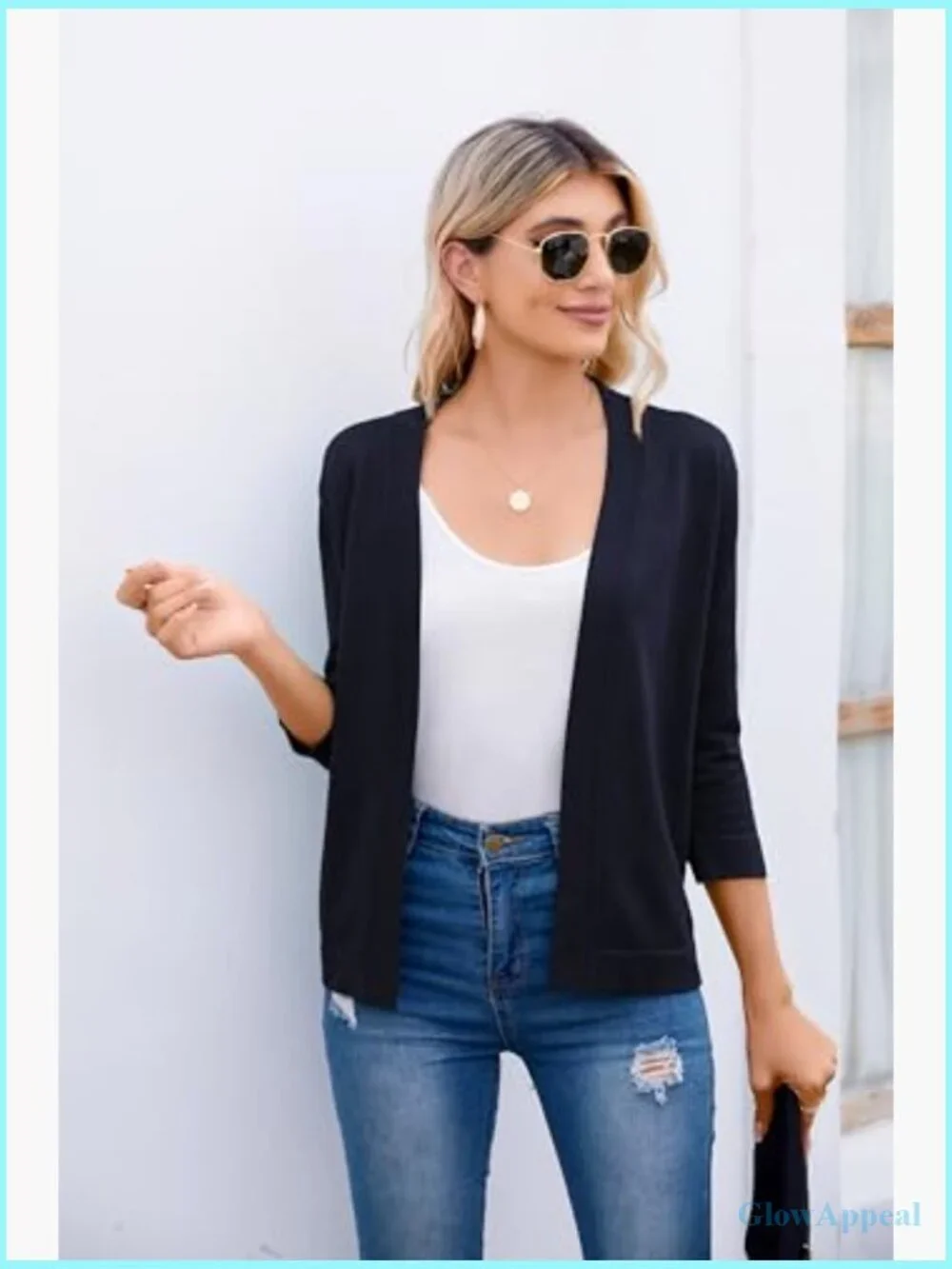 3/4 Sleeve Open Front Cropped Cardigan Sweater Lightweight Shrug